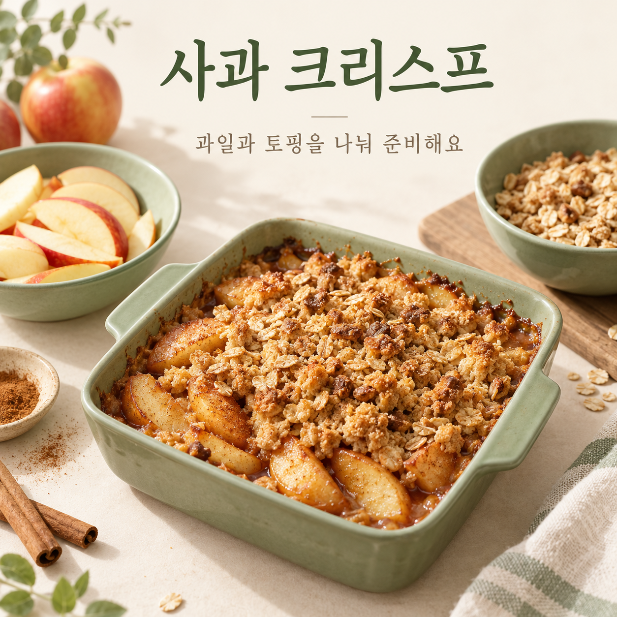 사과층과 오트밀 토핑을 나눈 완성 구성 예시