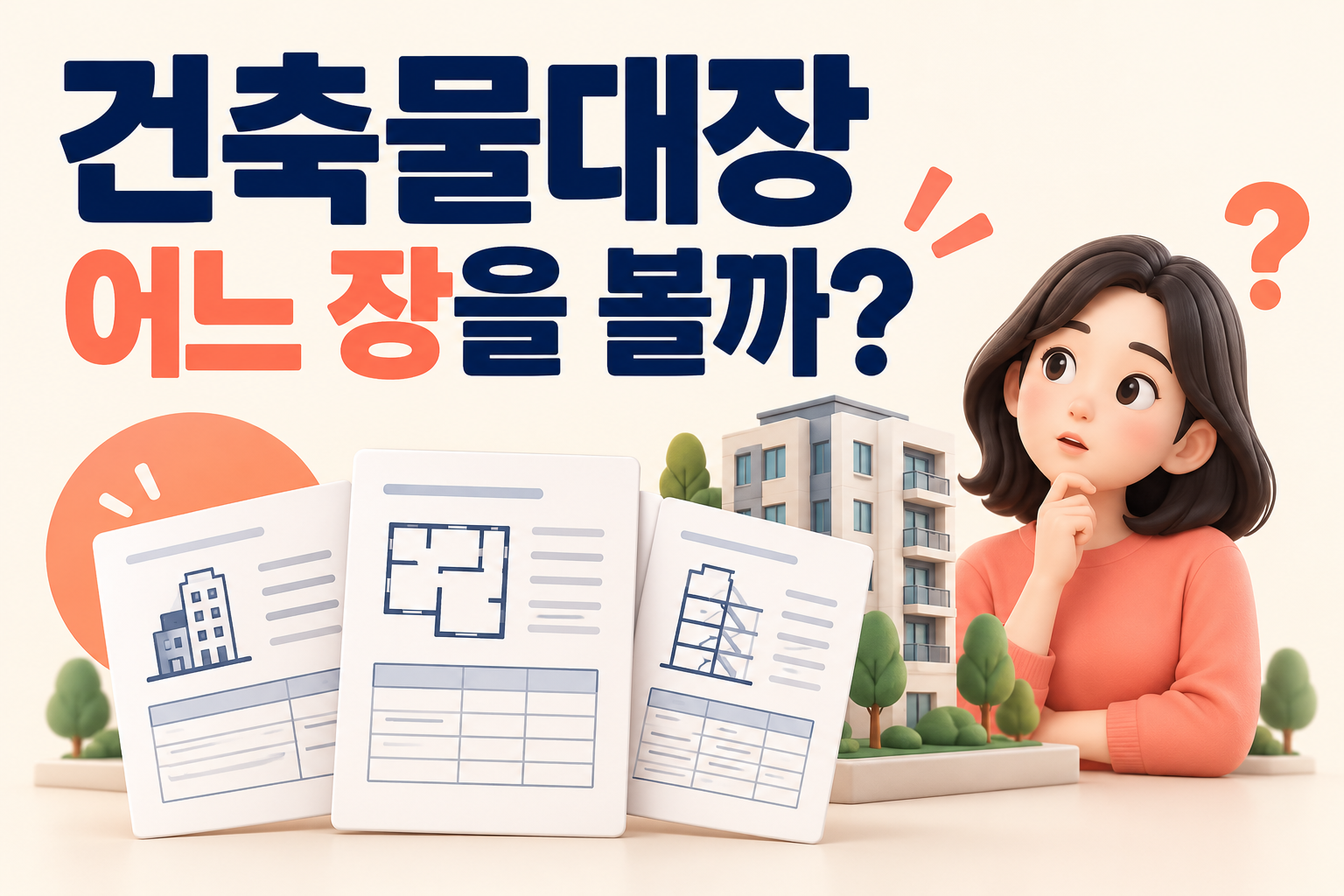 건축물대장 어느 장을 볼까라는 문구와 건물·문서 모형