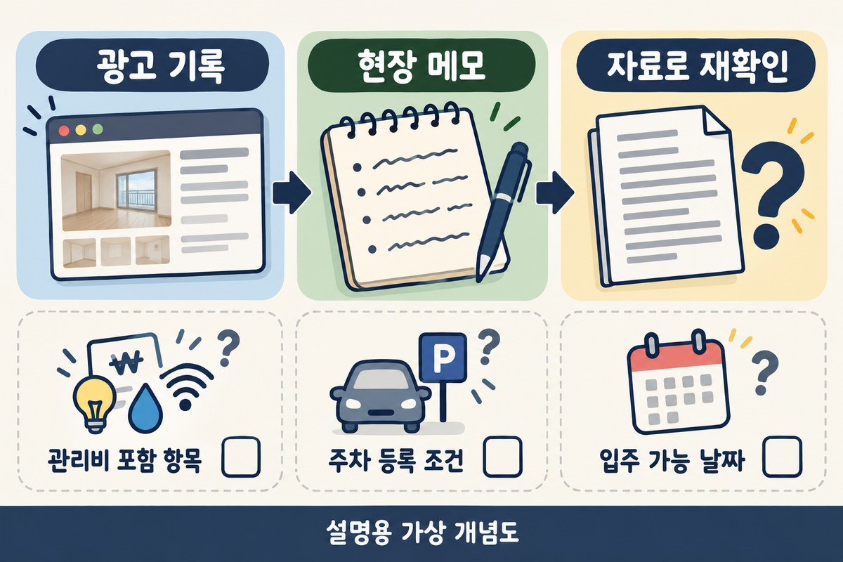 매물 광고와 현장 설명의 차이를 기록하고 확인 자료와 미확인 질문으로 정리하는 세 단계 흐름도
