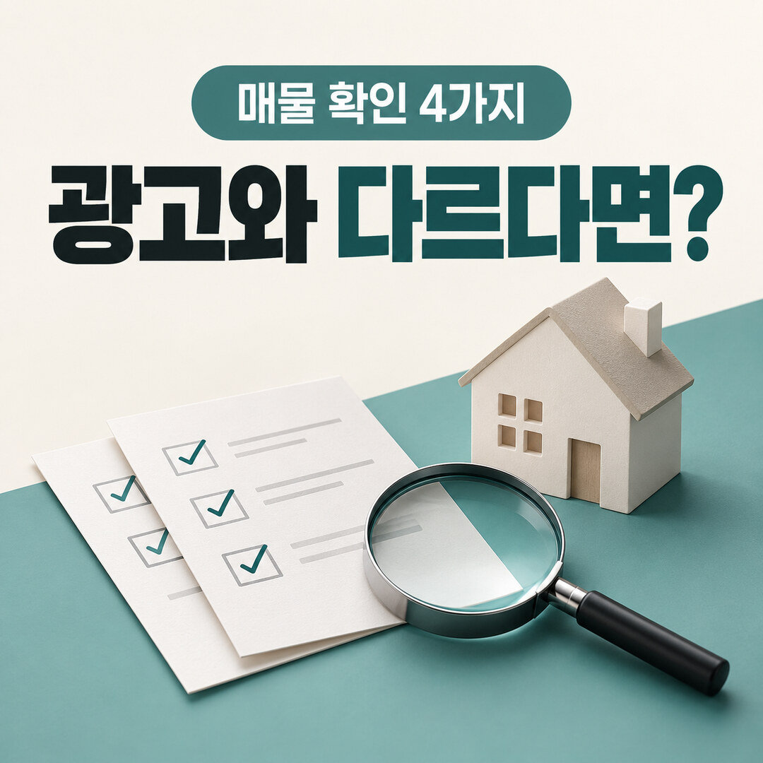 집 모형과 체크리스트, 돋보기로 표현한 매물 확인 안내 이미지 — 광고와 다르다면?