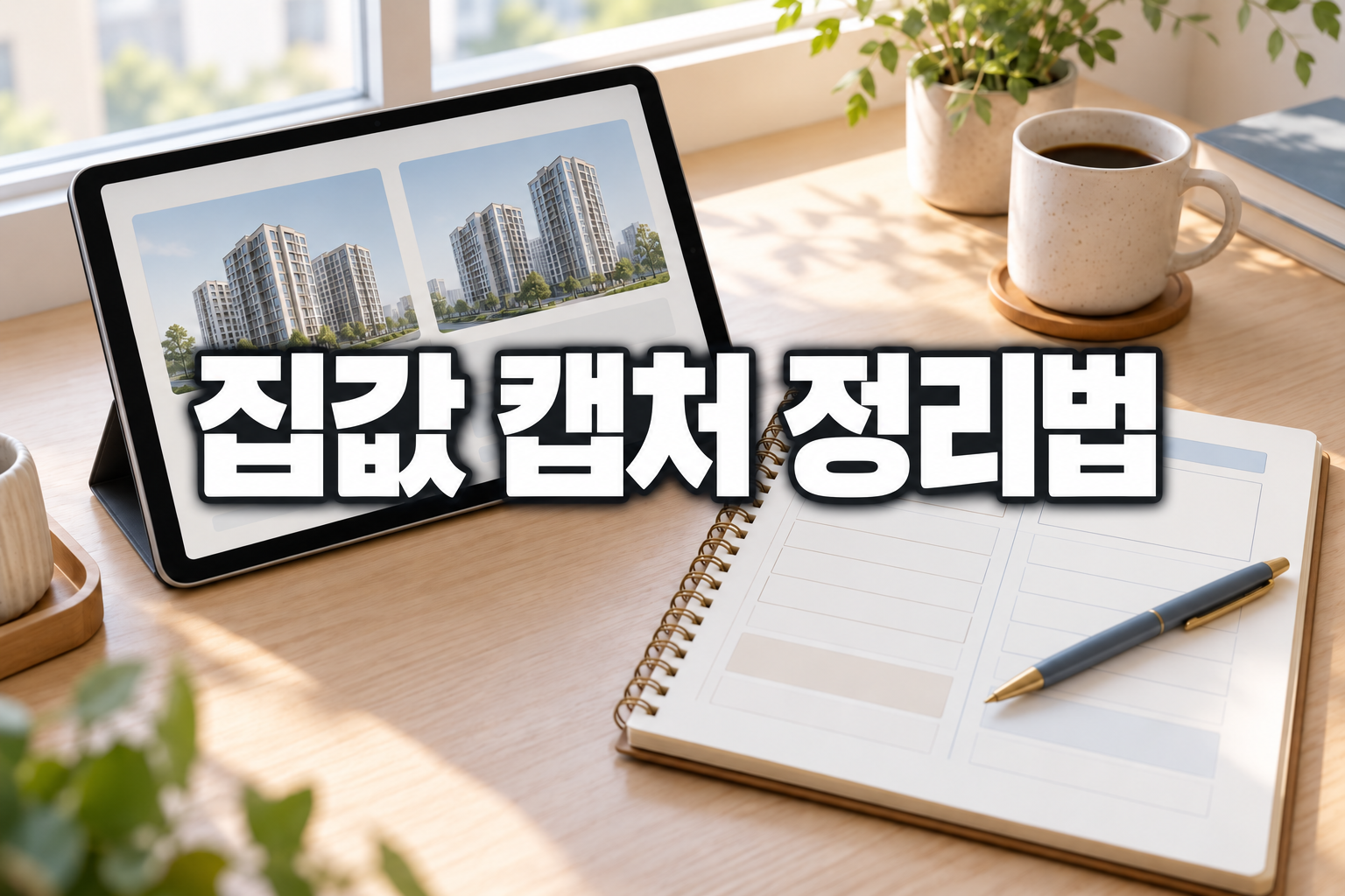 태블릿과 날짜별 기록 노트로 아파트 검색 자료를 정리한 예시