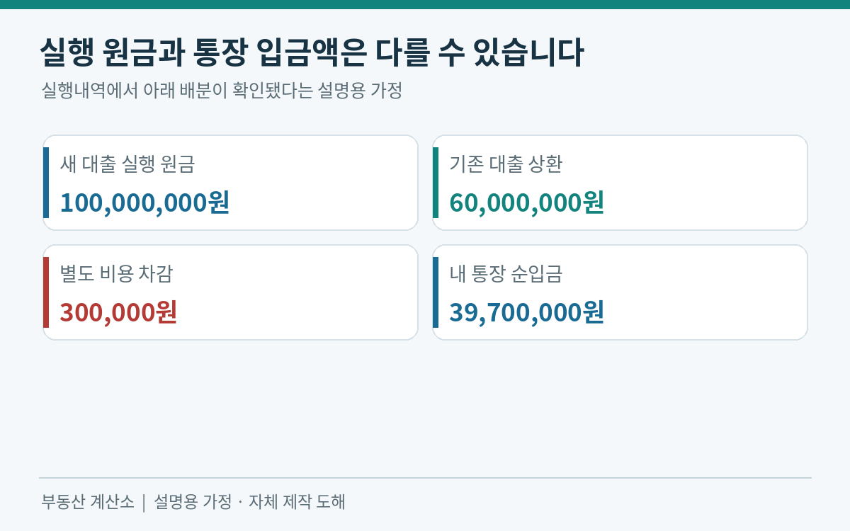 대출1억 원 중 기존대출6천만 원 비용30만 원이 나가 순입금3970만 원이 된 가상 흐름