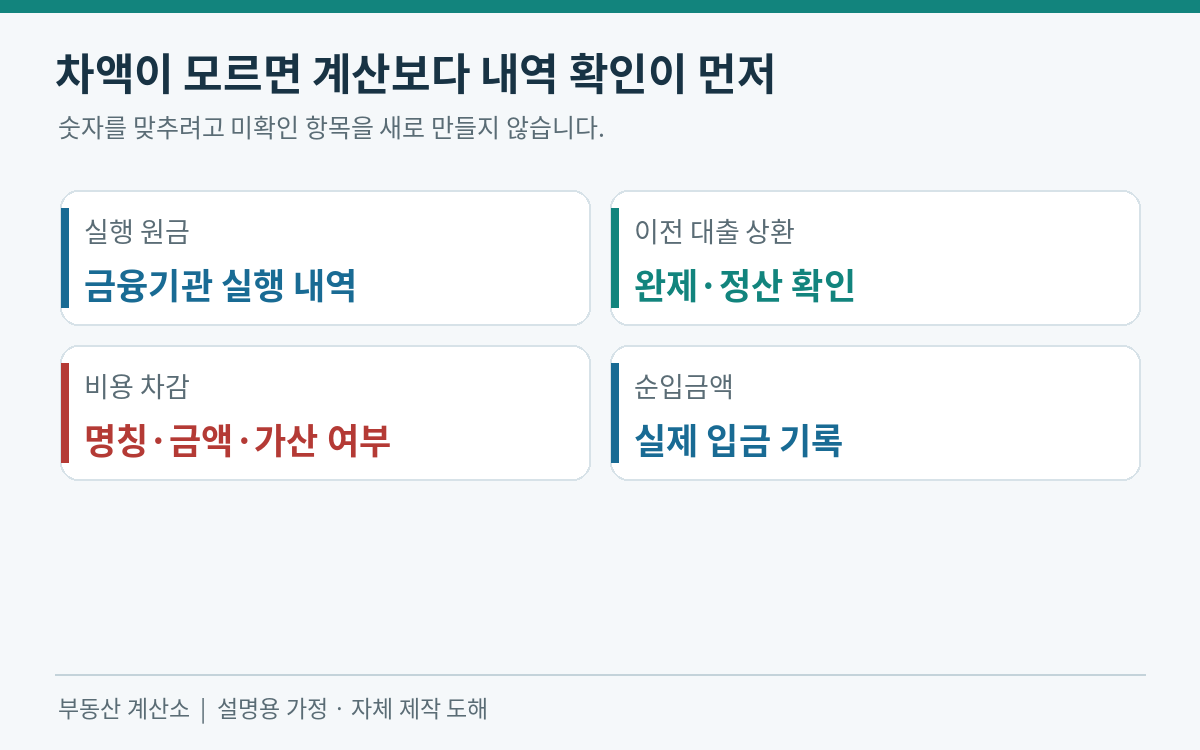실행원금 기존대출상환 비용 순입금을 각각 확인할 문서와 연결한 도해