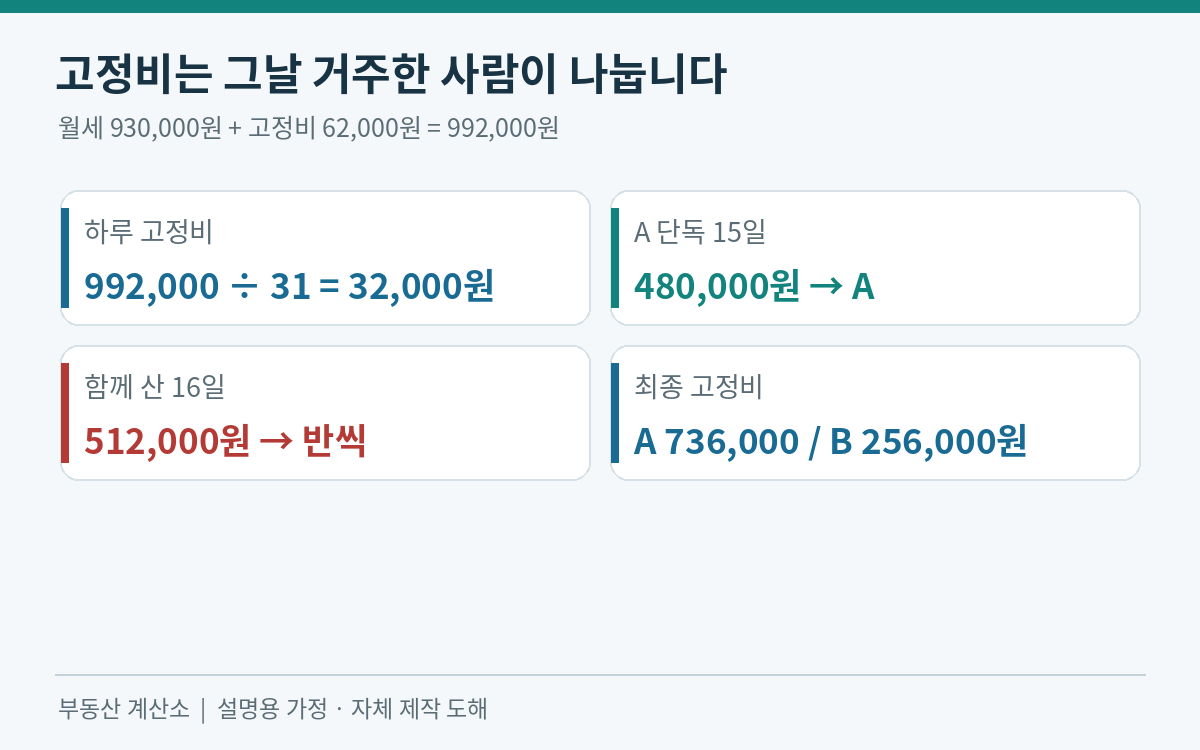 고정비 992000원을 일별 거주자 수로 나눠 A 736000원 B 256000원으로 배분