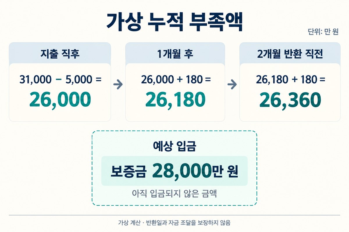 가상 누적 부족액이 지출 직후 2억 6천만 원에서 두 달 반환 직전 2억 6,360만 원으로 늘어나는 계산도