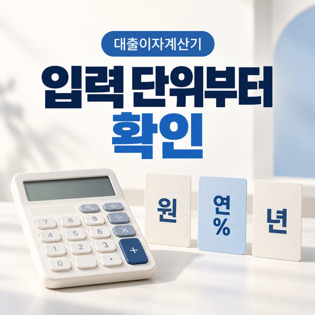 계산기와 원·연 이율·년 단위 카드로 표현한 대출 계산 입력 안내 이미지 — 입력 단위부터 확인