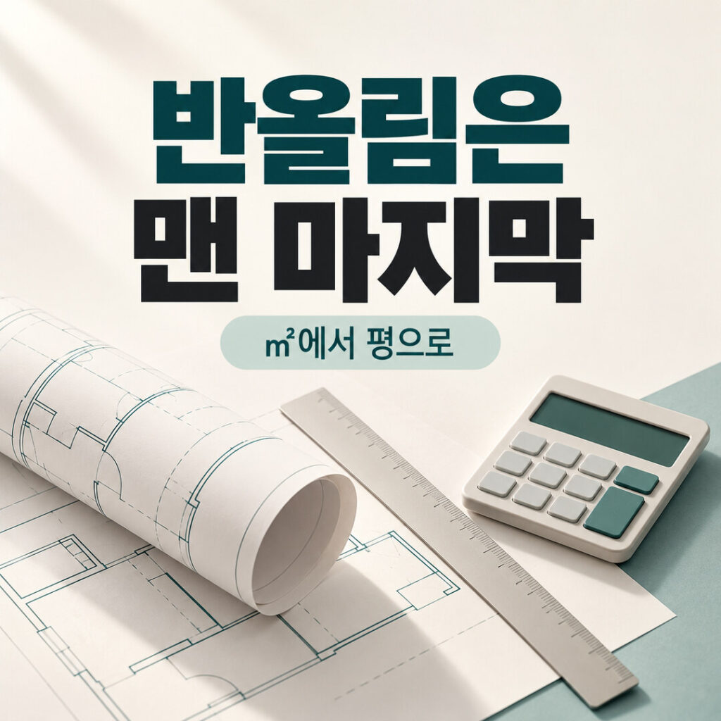 도면과 자, 계산기로 표현한 면적 환산과 반올림 안내 이미지 — 반올림은 맨 마지막