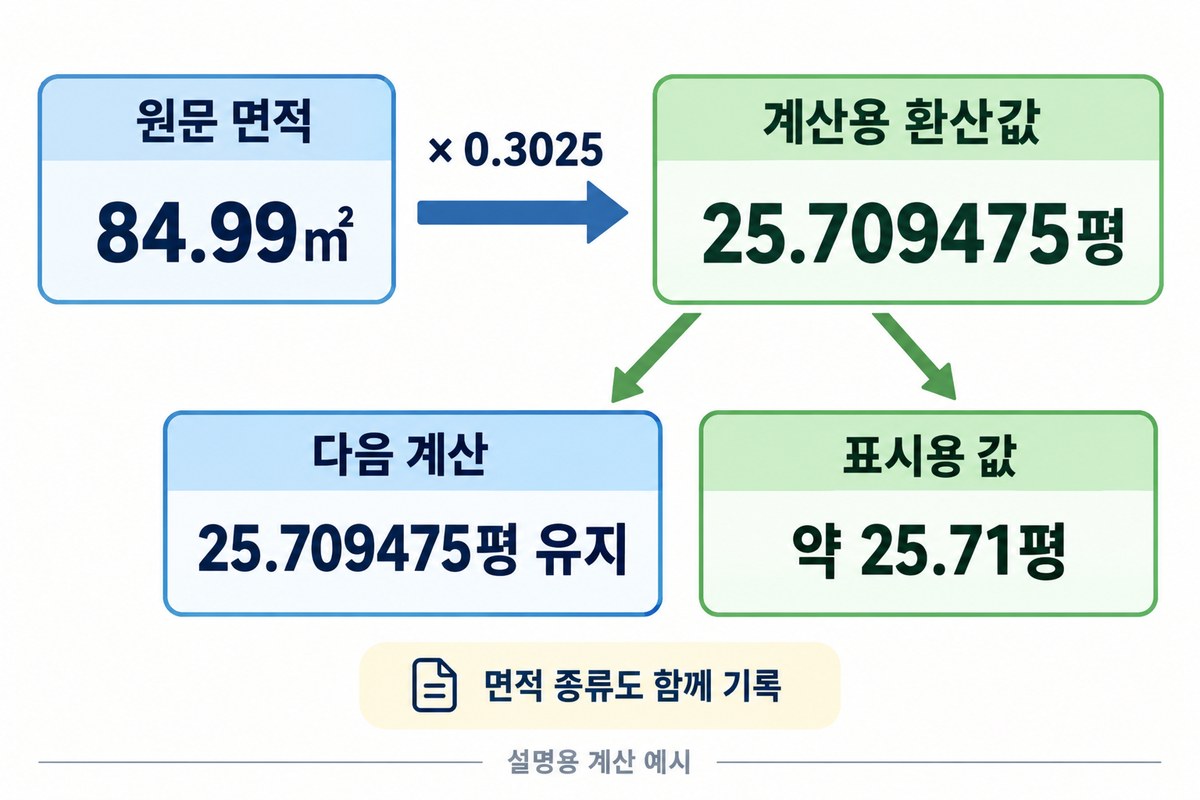 84.99제곱미터에 0.3025를 곱한 25.709475평을 계산용으로 유지하고 표시용은 약 25.71평으로 구분한 도식