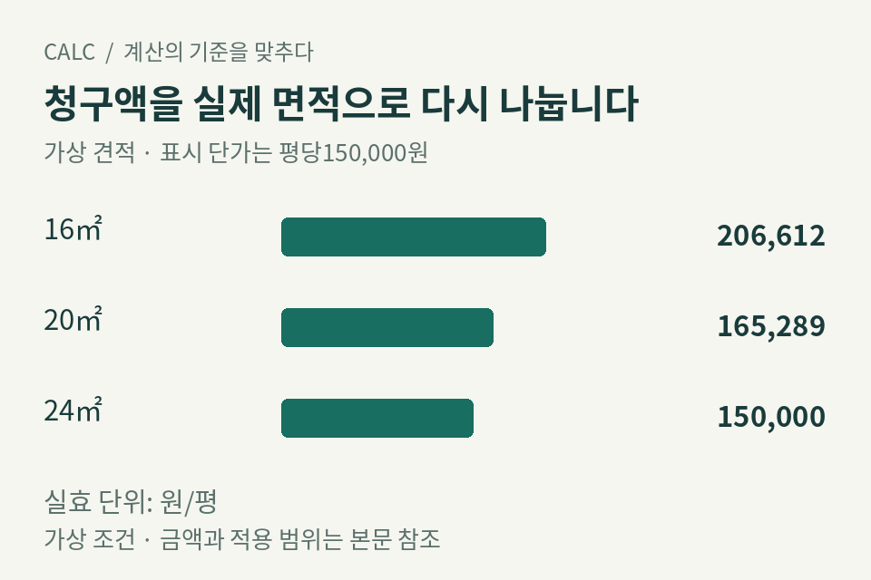 16제곱미터와 20제곱미터는 청구액이 같아도 실효 평당 단가가 다른 비교