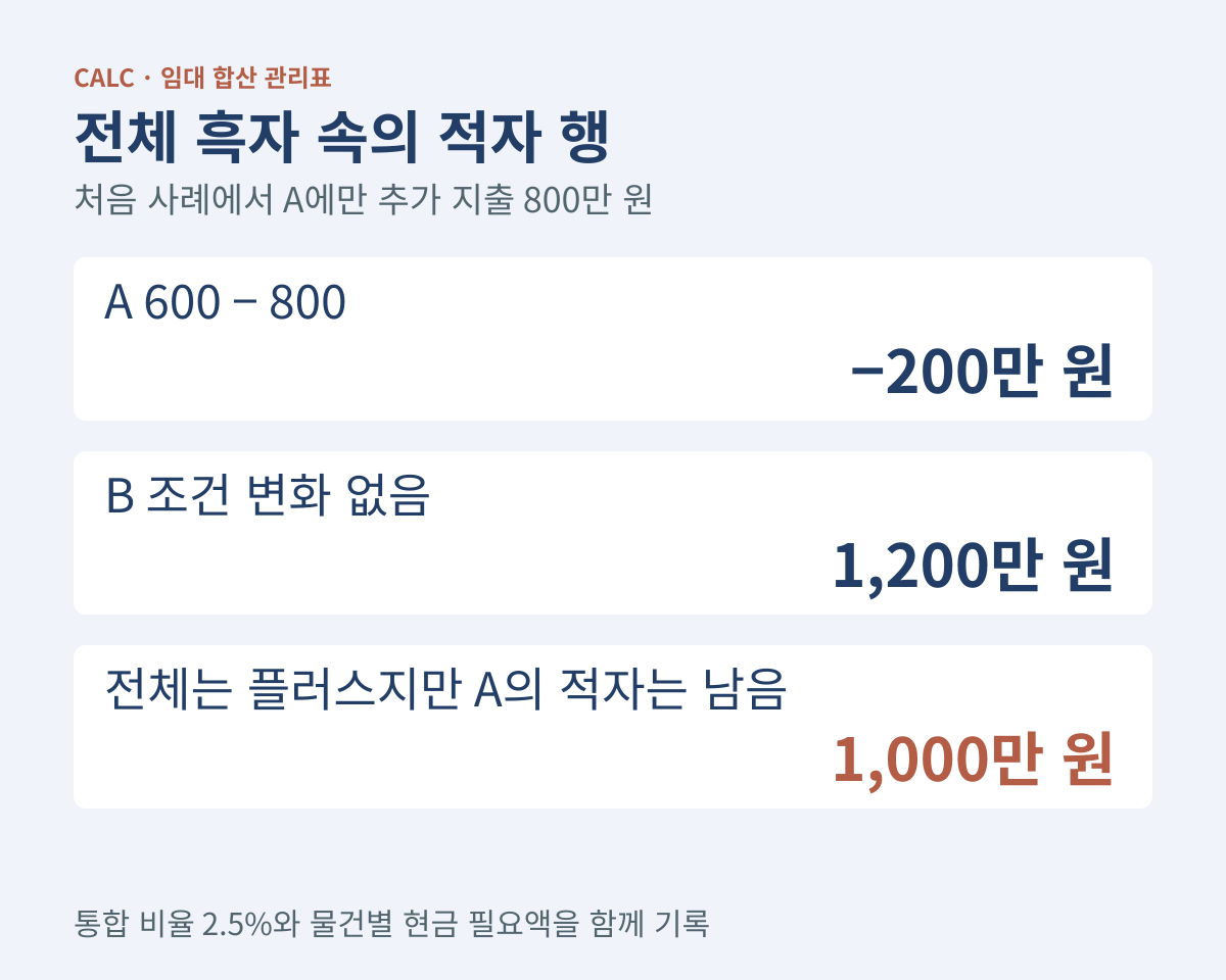 A가 200만 원 적자이고 B가 1200만 원 흑자일 때 전체 1000만 원과 2.5퍼센트