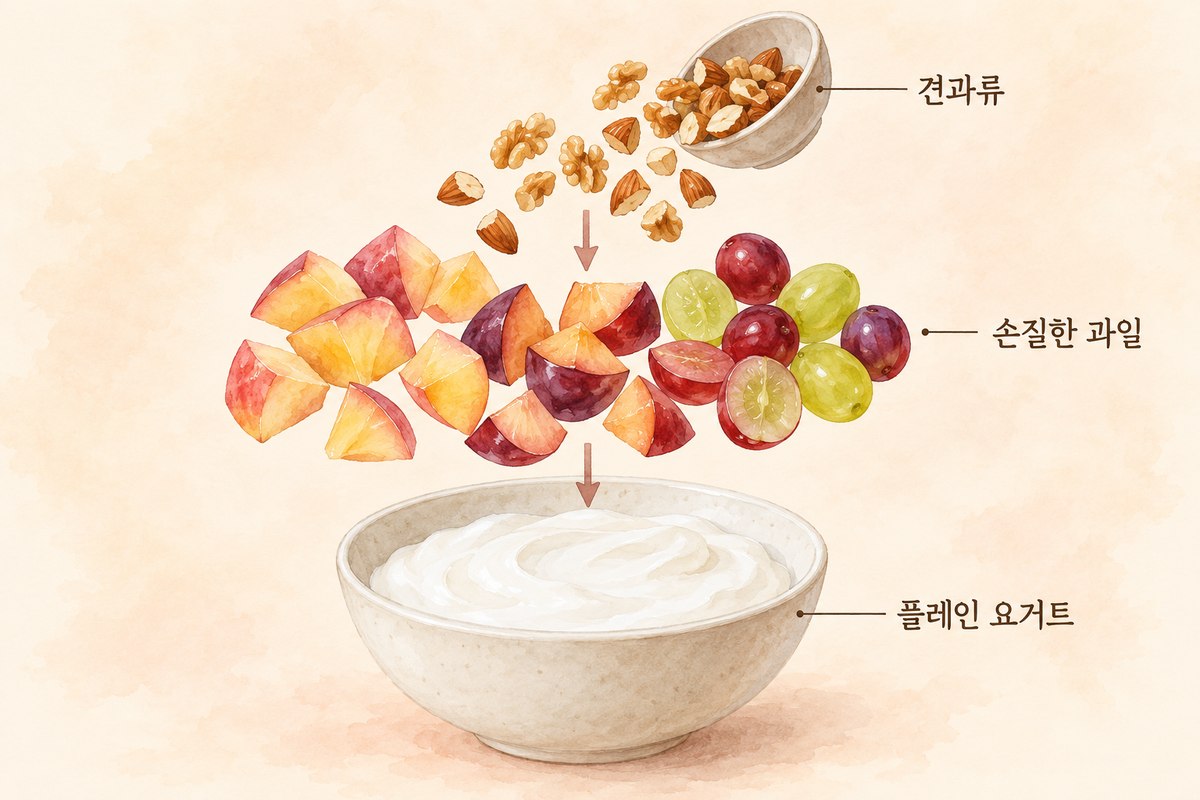 과일을 손질해 플레인 요거트 위에 올리고 견과류를 더하는 조리 예시