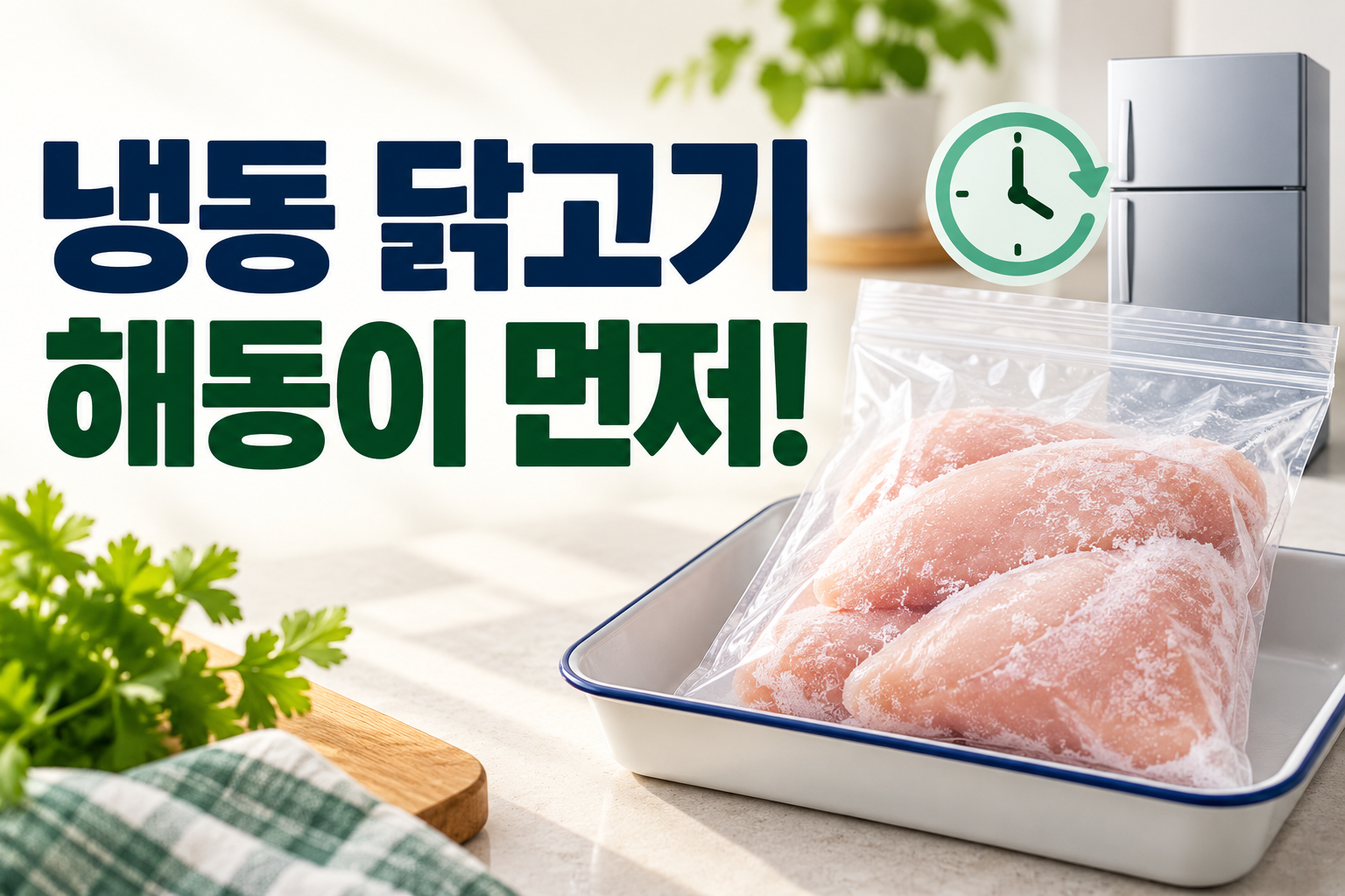 냉동 닭고기 해동이 먼저라는 문구와 밀봉된 닭고기, 냉장고를 담은 썸네일