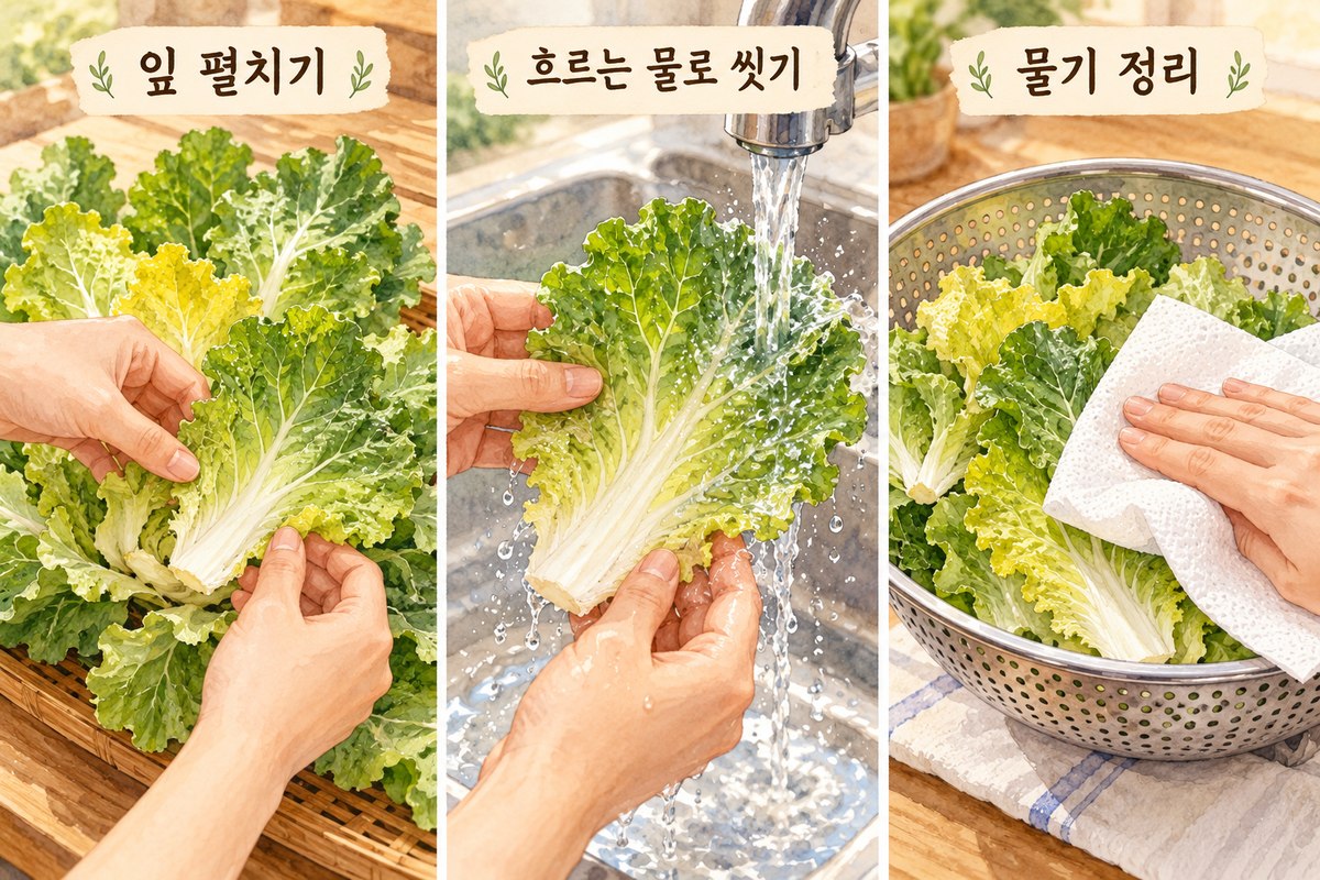 봄동 잎을 펼쳐 씻고 채반과 키친타월로 물기를 정리하는 준비 과정