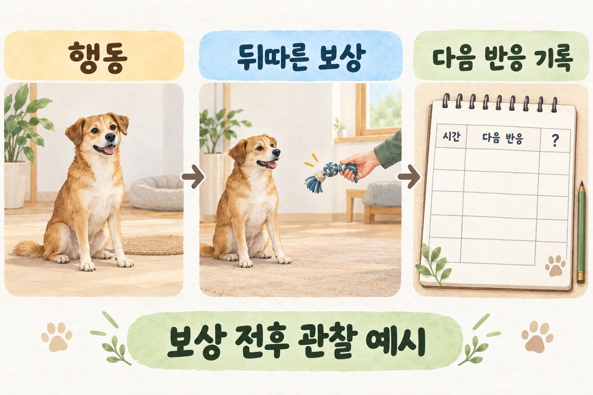 강아지의 행동과 뒤따른 보상, 다음 반응을 나누어 기록하는 관찰 예시