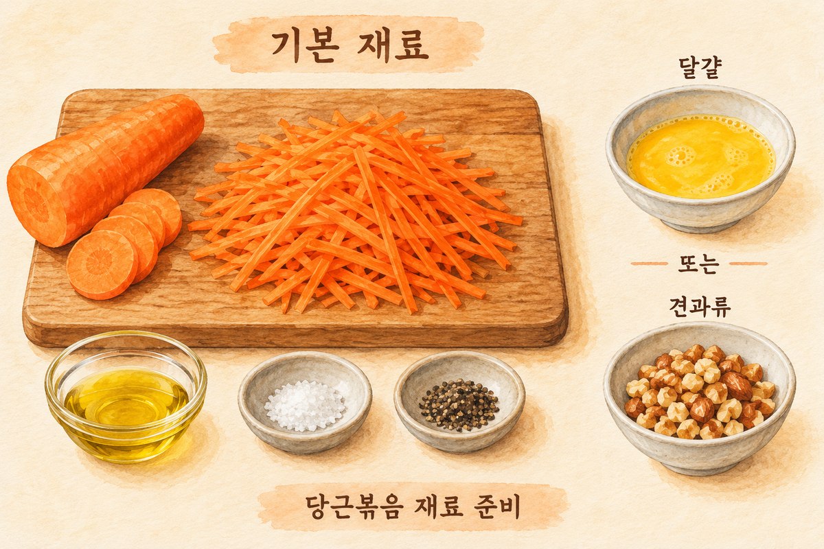 당근볶음의 기본 재료와 달걀 또는 견과류 선택 재료를 구분한 준비도