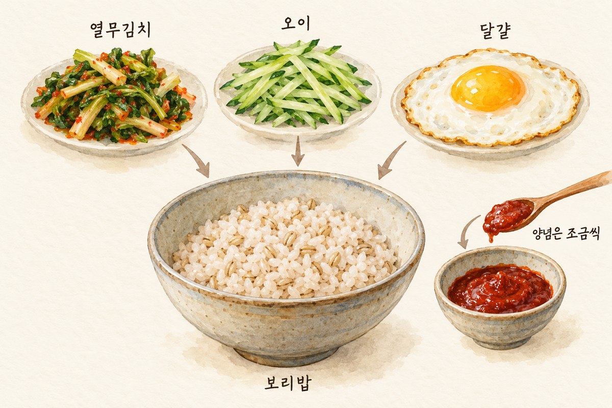 열무김치와 오이, 달걀을 보리밥에 올리고 양념장을 따로 더하는 과정