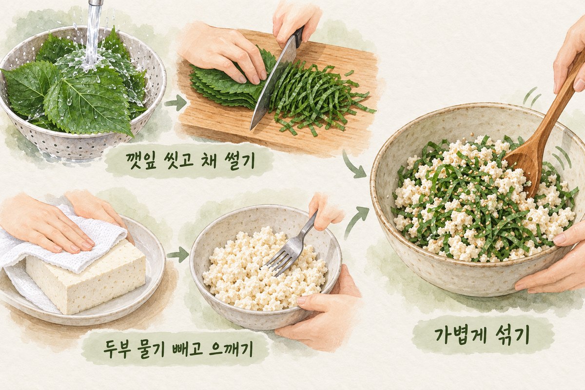 깻잎을 씻어 채 썰고 두부의 물기를 뺀 뒤 함께 무치는 준비 과정