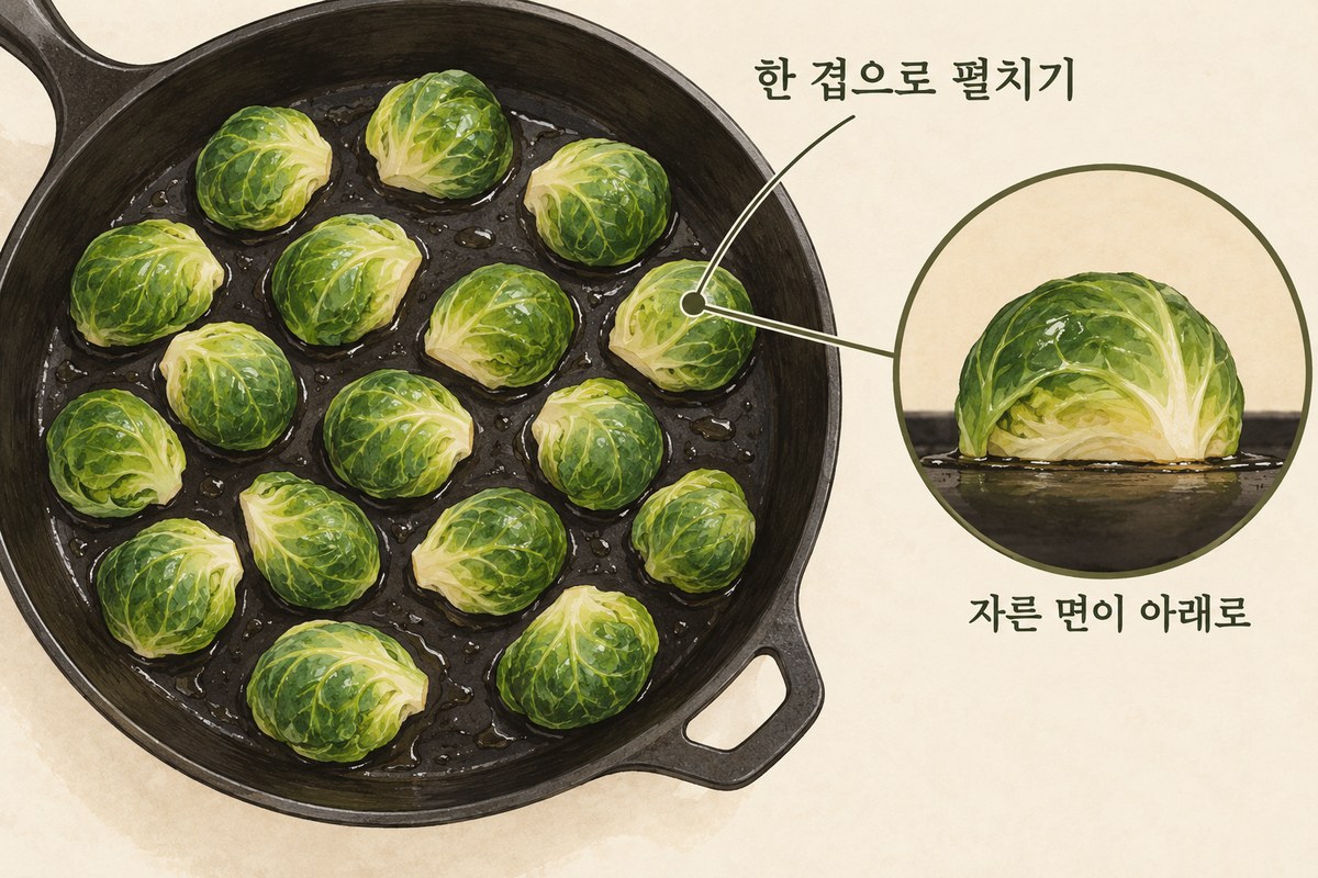 반으로 자른 방울양배추의 자른 면을 아래로 놓고 팬에 간격을 두어 펼치는 방법