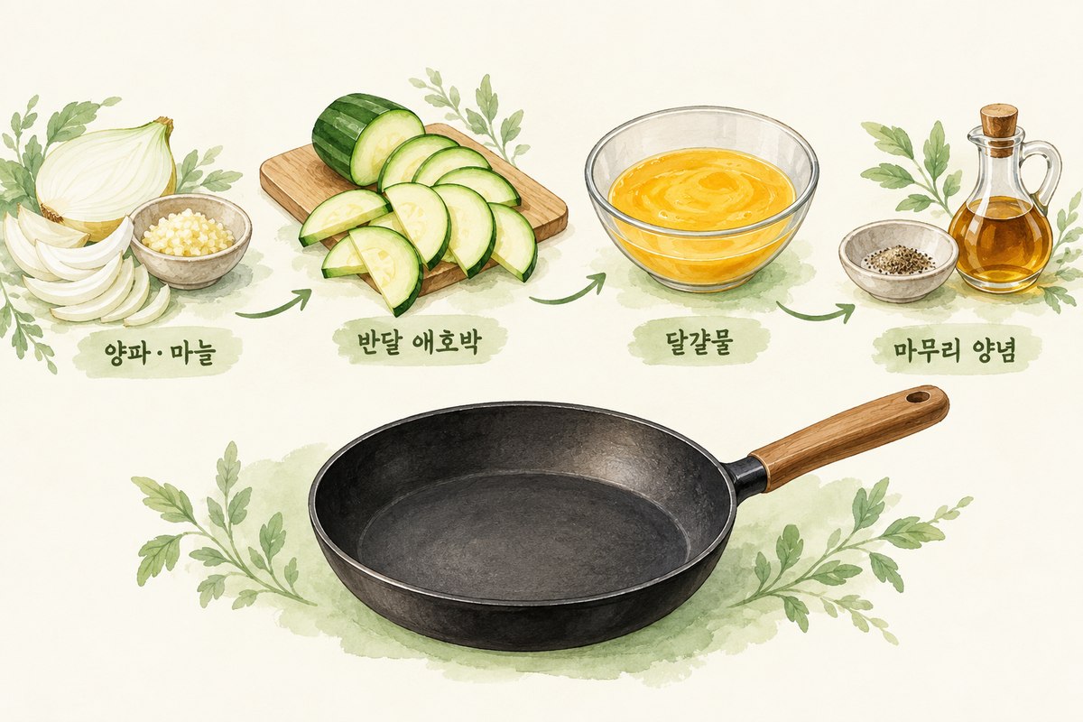 애호박과 양파의 손질 모양, 달걀물과 마무리 양념의 준비 순서