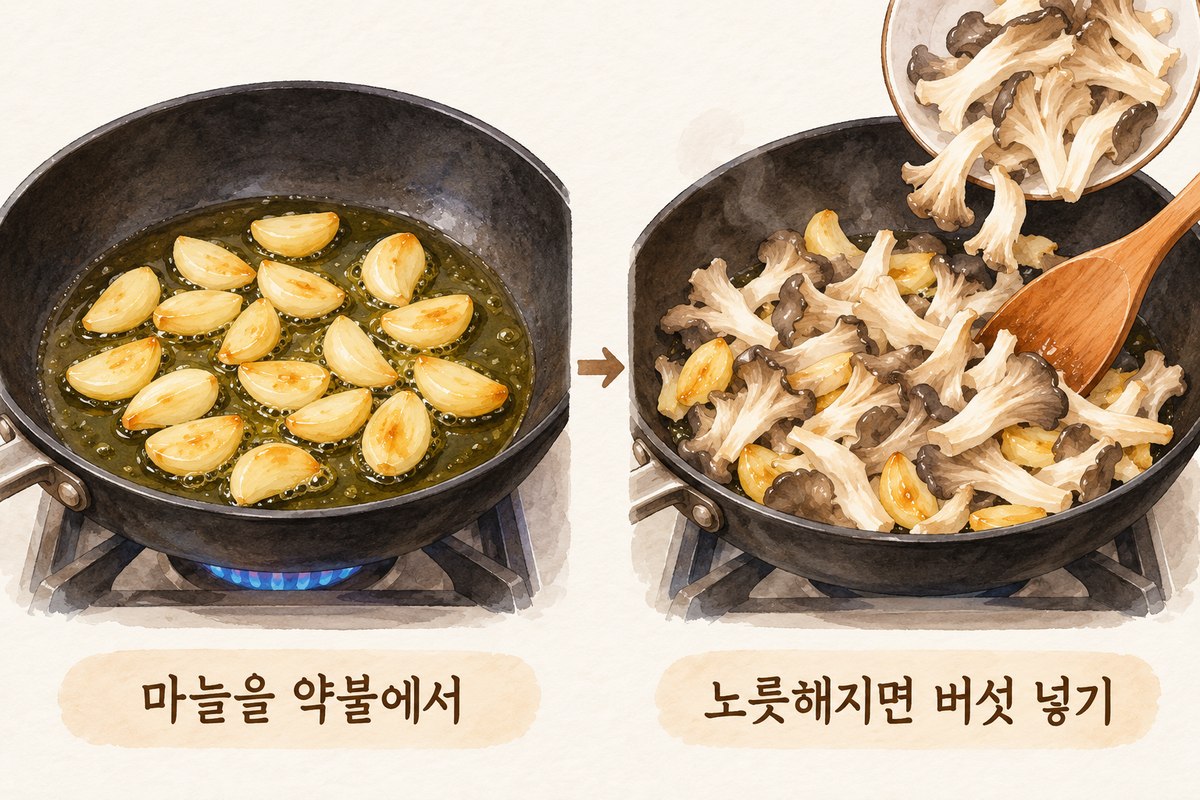 마늘을 약불에서 먼저 익힌 뒤 버섯을 넣어 볶는 조리 순서