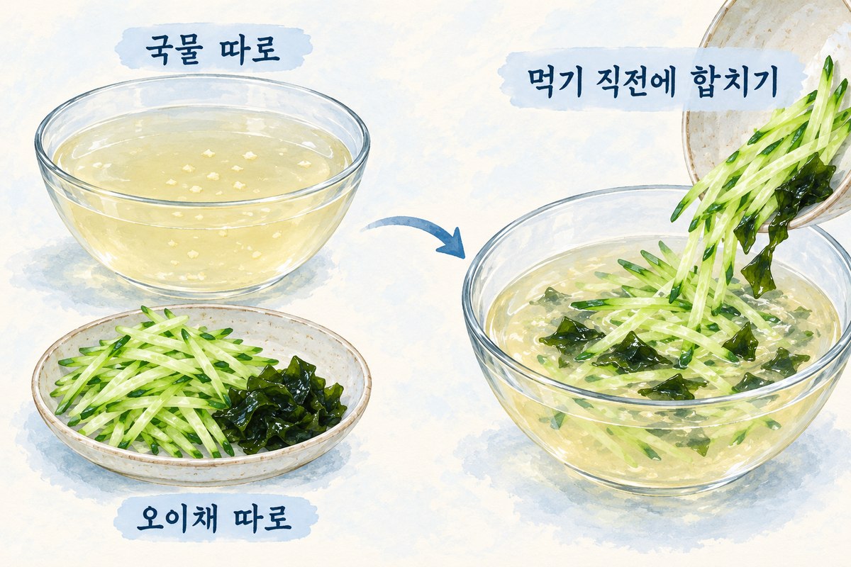 오이냉국 국물과 오이채, 미역을 따로 준비해 합치는 조리 과정