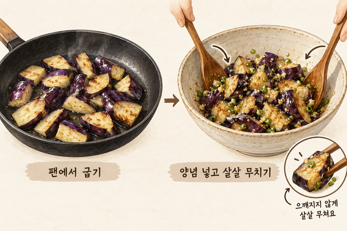 가지가 부드러워지도록 구운 뒤 볼에서 양념과 가볍게 섞는 과정