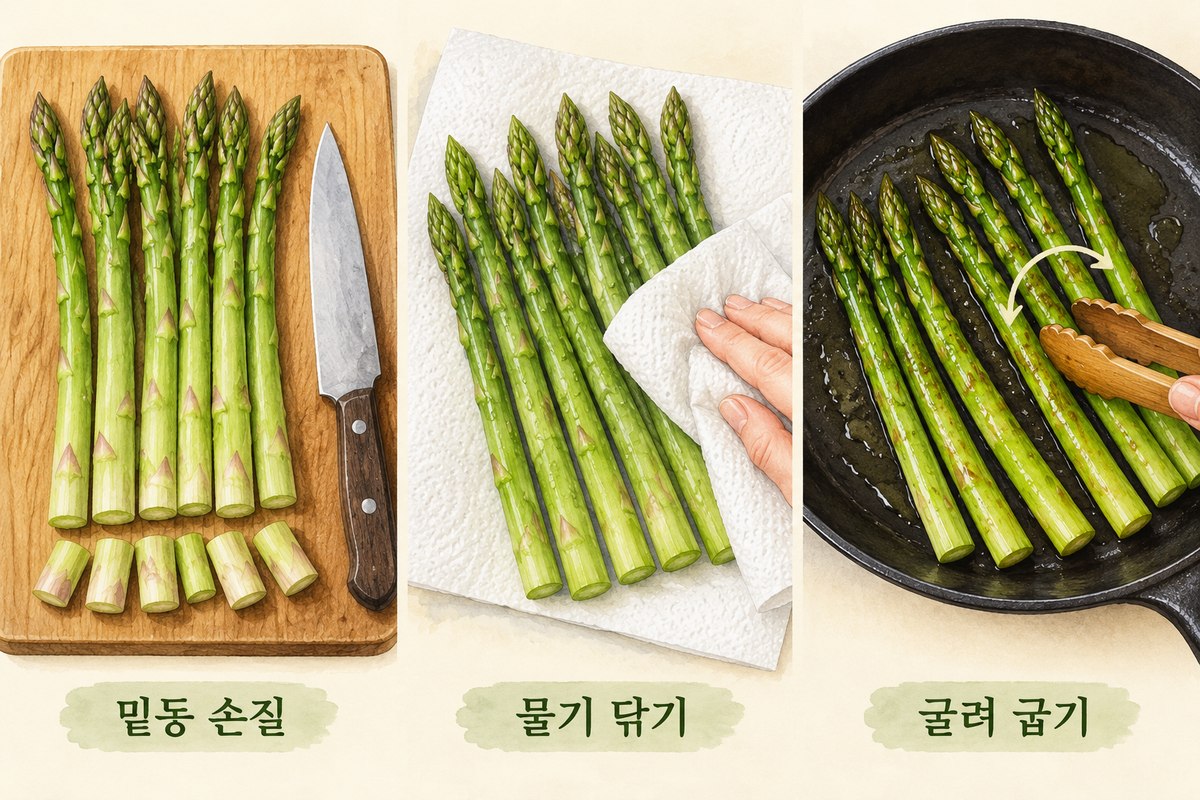 아스파라거스 끝을 손질하고 물기를 닦아 팬에서 굴려 굽는 과정