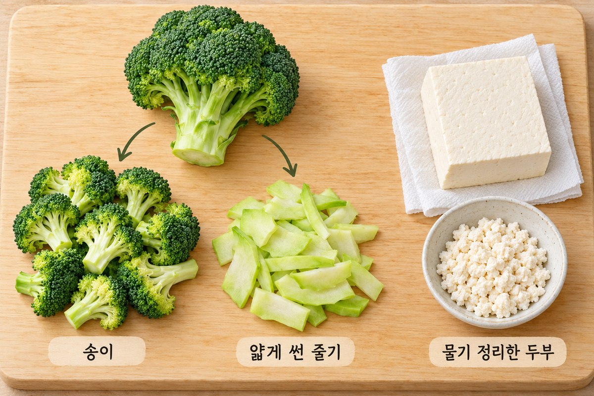 브로콜리의 송이와 얇게 썬 줄기, 무침용 두부를 나눈 재료 준비도