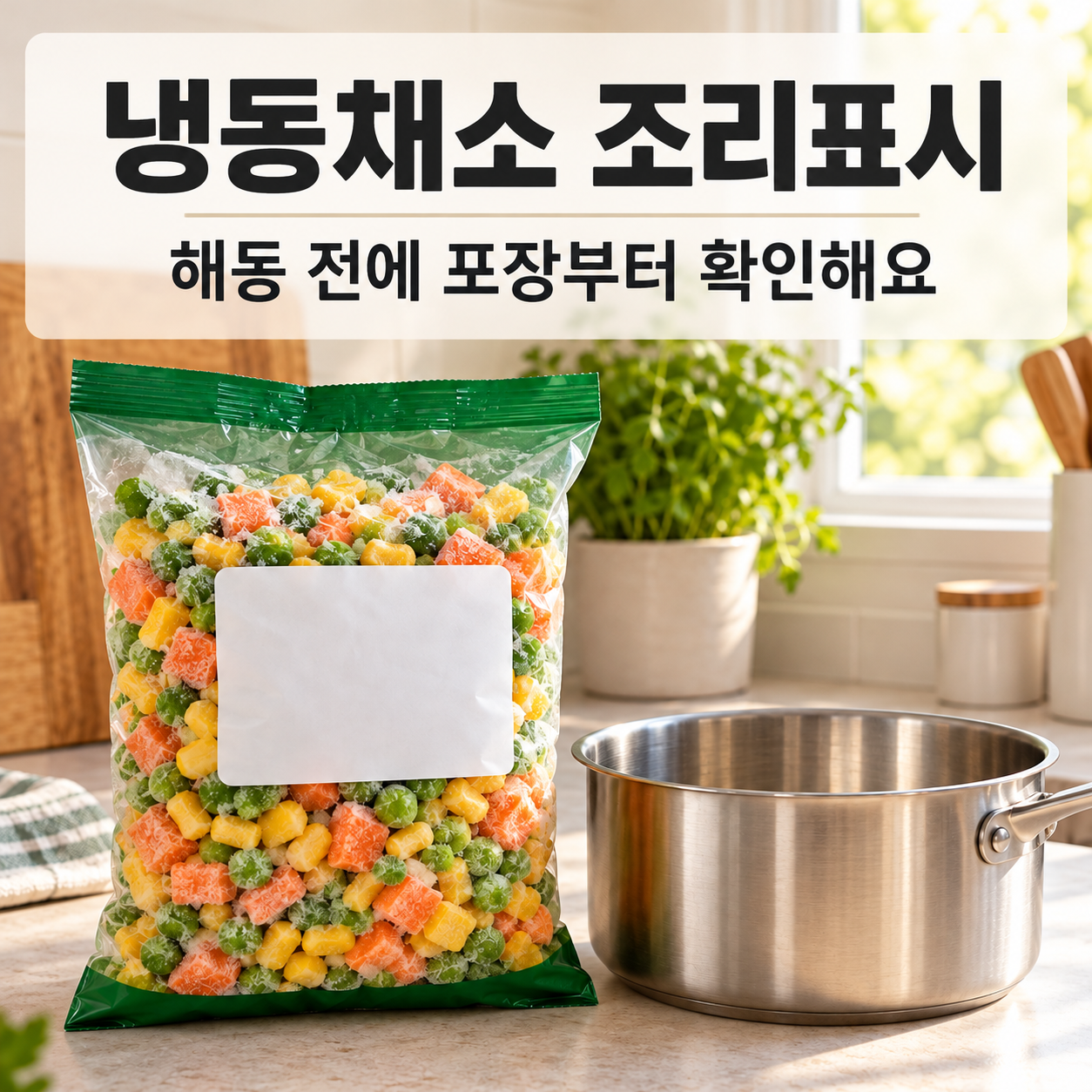 냉동 혼합채소 봉지와 조리 전 준비한 냄비 위에 ‘냉동채소 조리표시’, ‘해동 전에 포장부터 확인해요’ 문구를 넣은 썸네일