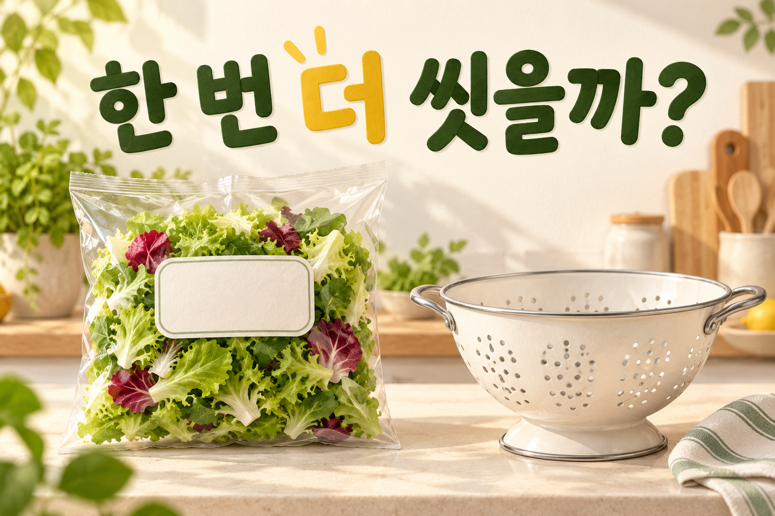 한 번 더 씻을지 묻는 문구와 포장 샐러드, 비어 있는 채반을 나란히 놓은 삽화