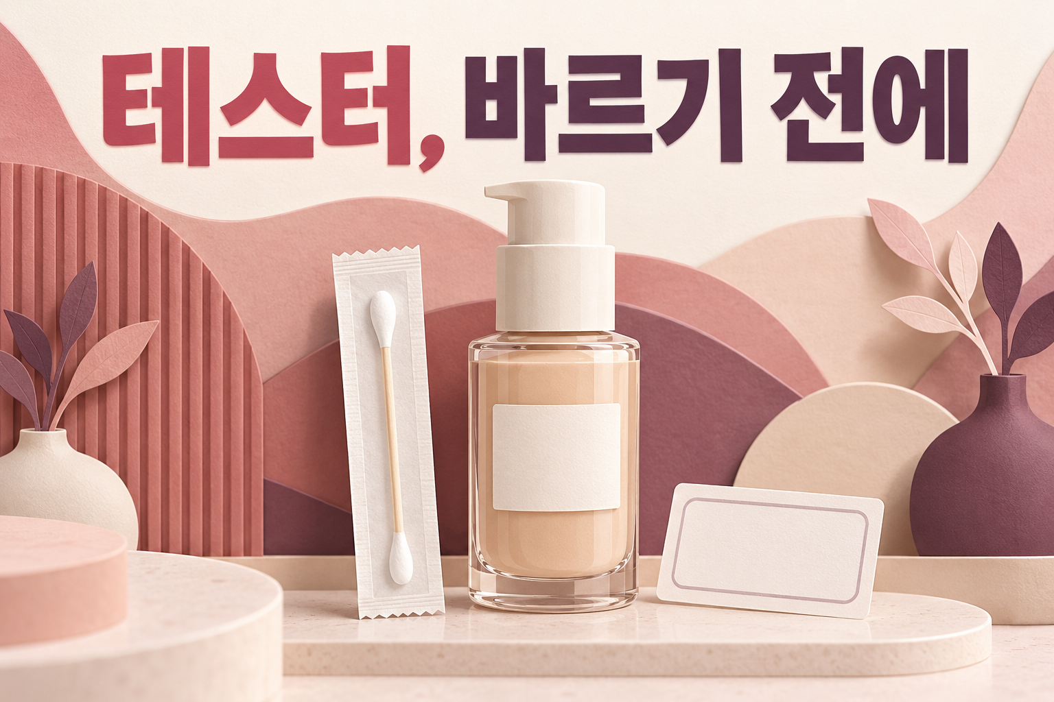 이름 없는 펌프형 화장품과 포장된 면봉, 표시용 카드를 배치한 삽화