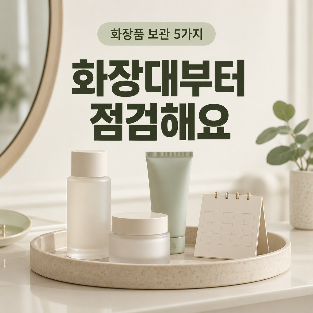 화장대의 화장품과 달력으로 표현한 보관 점검 이미지 — 화장대부터 점검해요