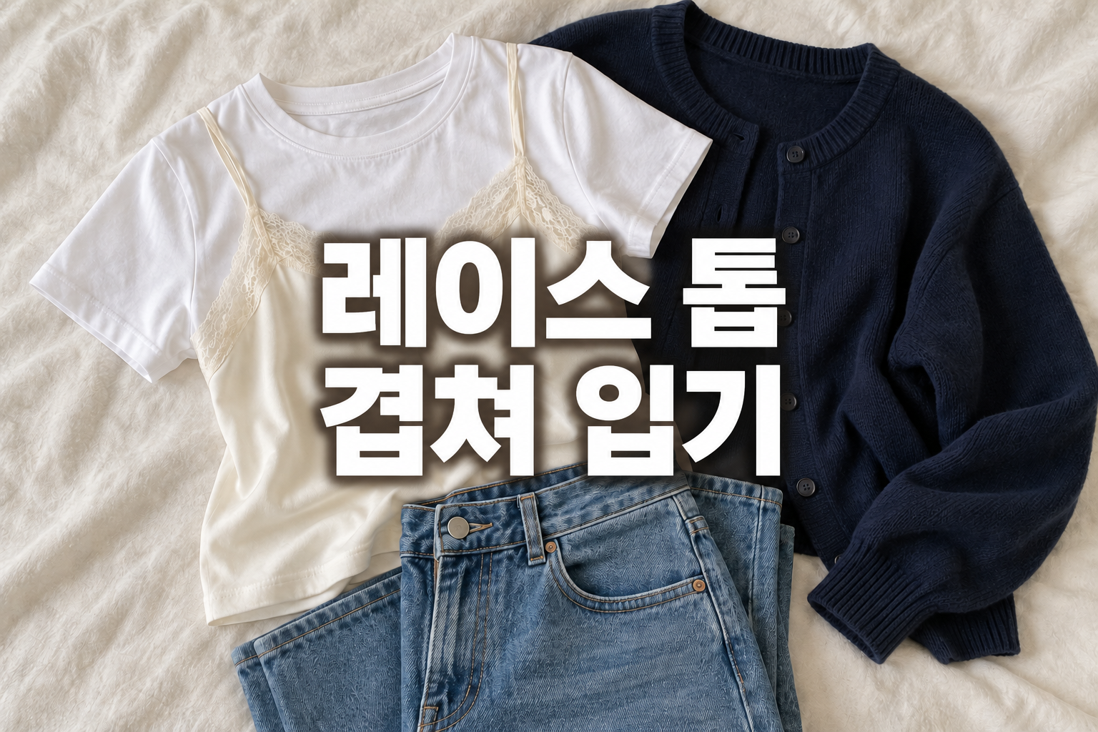 크림색 레이스 캐미솔과 흰 티셔츠, 남색 가디건, 청바지의 코디 예시