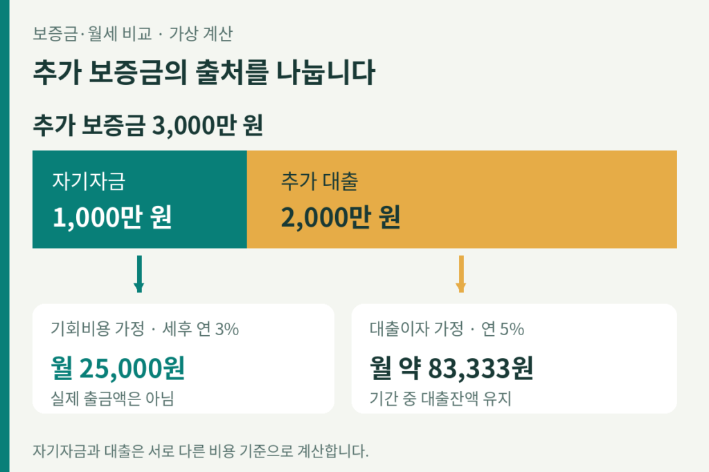 추가 보증금 3천만 원 중 자기자금 1천만 원과 대출 2천만 원. 가정한 월 기회비용은 2만5천 원, 대출이자는 약 8만3천333원
