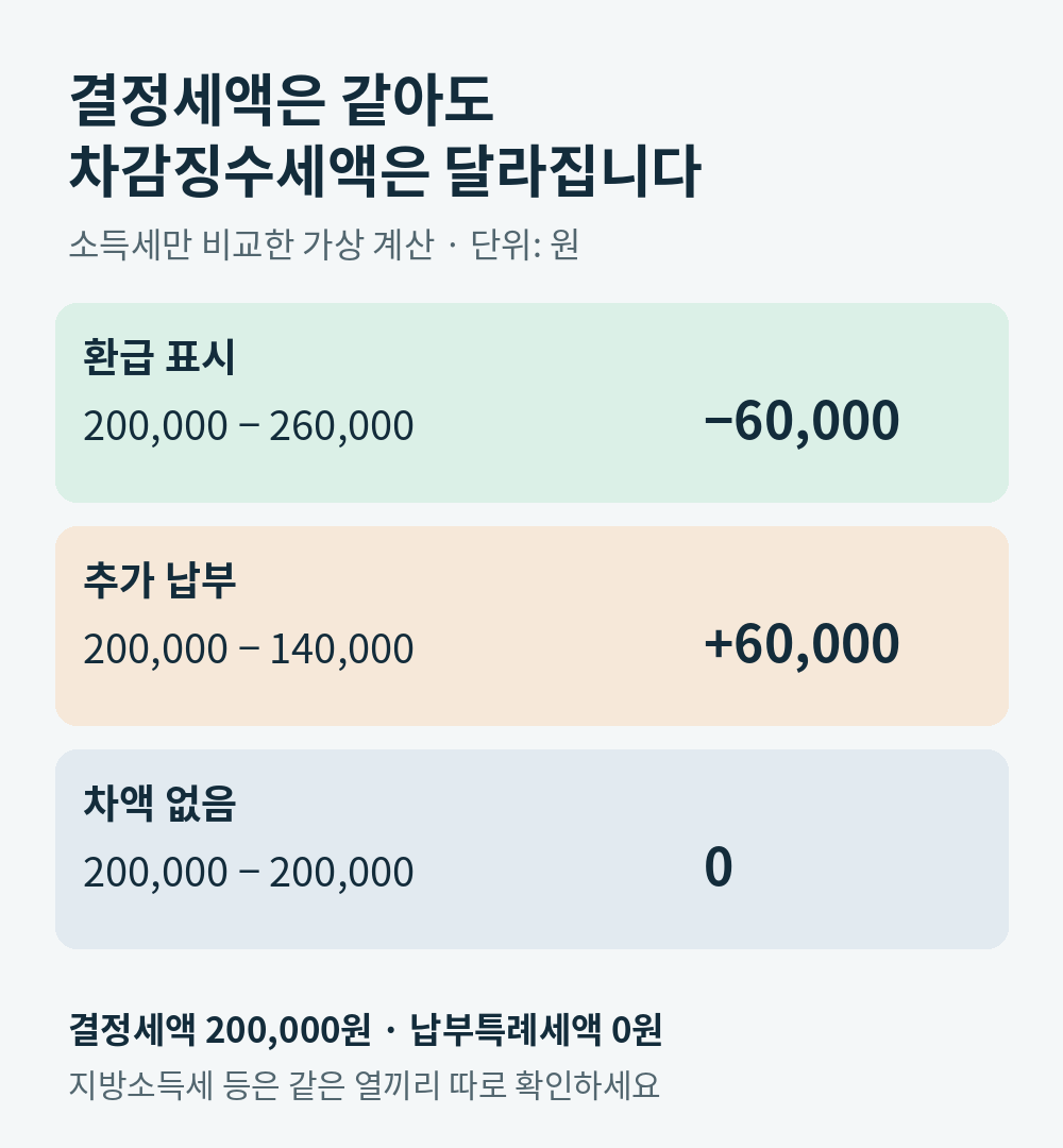 결정세액 20만 원에서 기납부세액 26만 원, 14만 원, 20만 원을 각각 빼면 차감징수세액이 마이너스 6만 원, 플러스 6만 원, 0원이 되는 가상 계산
